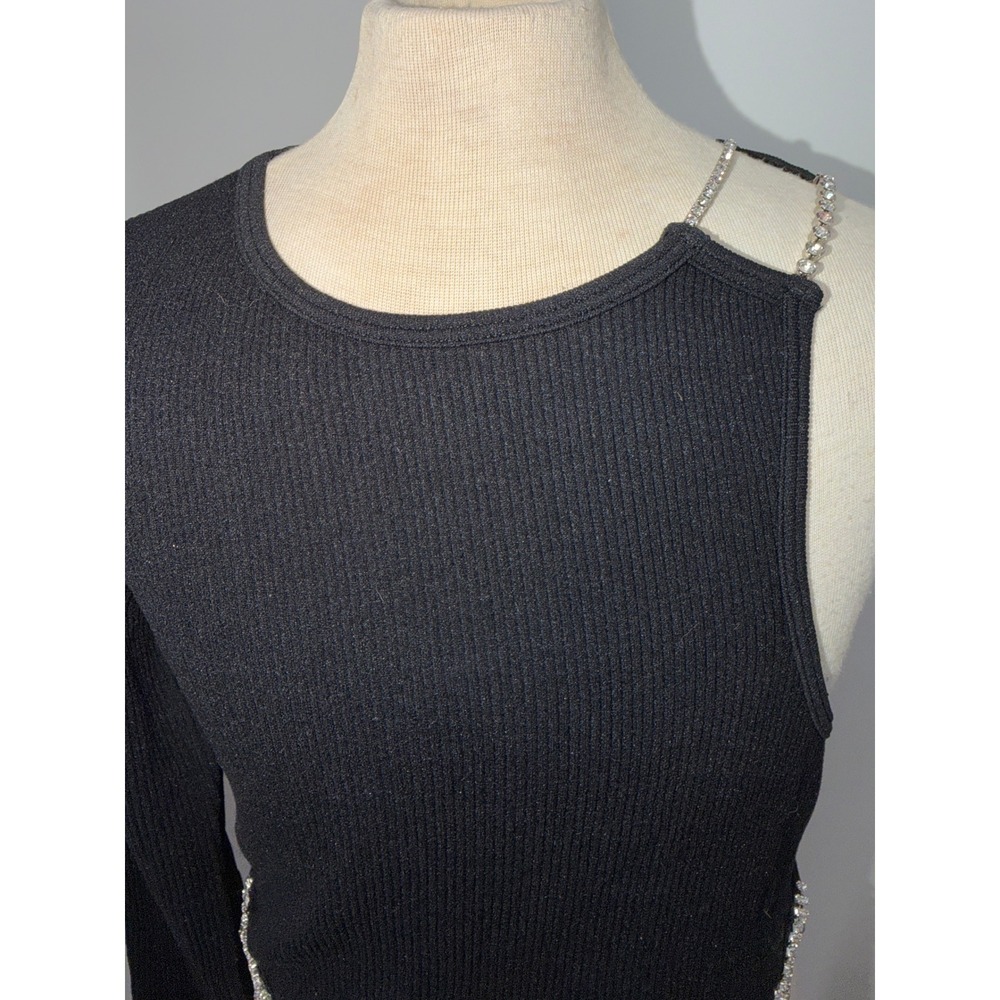Zara Womens Large Black Rhinestone Fringe One Shoulder Crop Top Party Glam Night